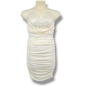 Mad‎ For Love Strapless Mini Dress Ruched Bodycon Lace Corset White M